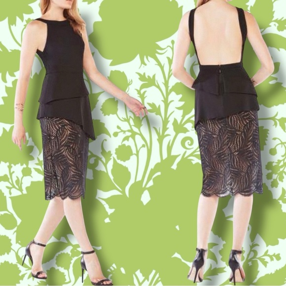 NWT BCBGMaxAzria ‘Reya’ Black & Nude Lace Peplum Detail Open Back Dress Size 2 - Picture 1 of 16